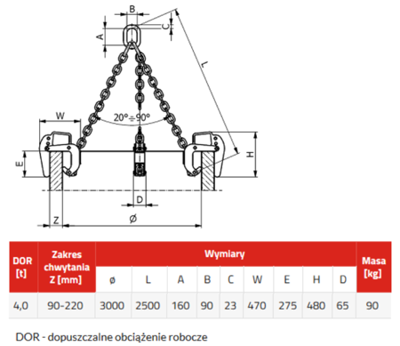 IMPROWEGLE Zawiesie łańcuchowe 3-cięgnowe zakończone uchwytami do podnoszenia kręgów betonowych (udźwig: 4 T, zakres chwytania: 90-220 mm) 3398557