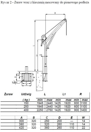 Żuraw ze stopą i wciągarką ręczną z liną 12m (udźwig: 400 kg, wysokość podnoszenia: 2250-2750 mm) 53368258